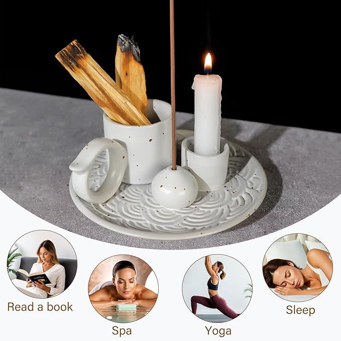 5-in-1 White Ceramic Palo Santo Burner & Holder - Small Candle and Smudge Tray for Incense Sticks & Cones, Sage, Zen Meditation Altar Accessory – Compatible with Matches for Aromatic Scents - Bloomnest