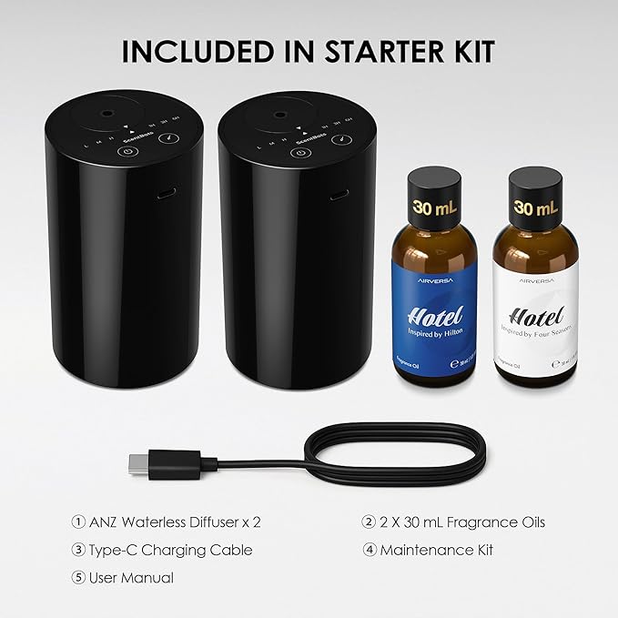 Waterless Essential Oil Diffuser Starter Kit with 2 x 30mL Hotel Scent Fragrance Oil, Battery Operated Scent Air Machine Cordless Portable Diffuser for Home Car, ANZ Black 2PCs Kit - Bloomnest