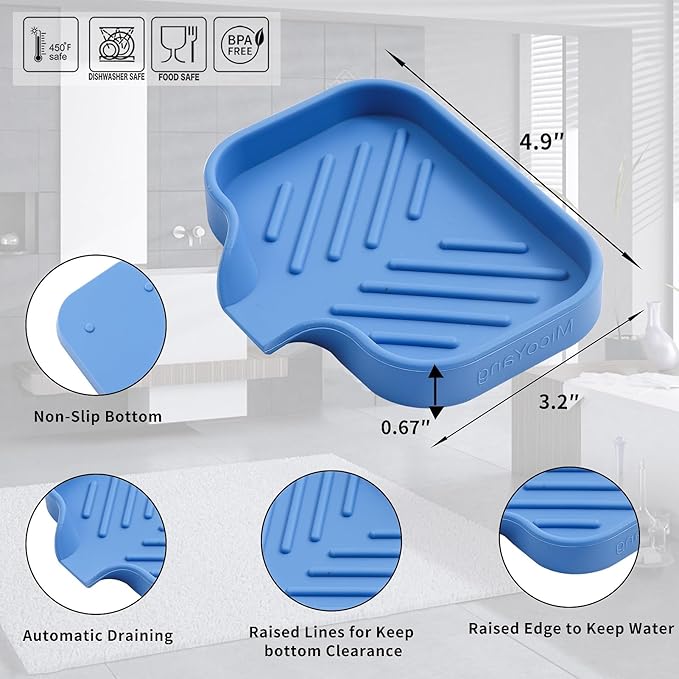 Silicone Bathroom Soap Dishes with Drain Spout-Bathroom and Kitchen Sink Organizer,Sponge Holder,Dish Soap Tray,Perfect for Dispenser,Scrubber,Bottle,Cup on Counter Lichen Blue 4.9"×3.2" - Bloomnest