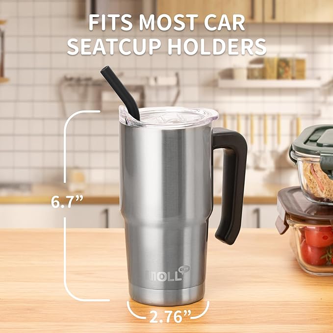 Insulated Tumbler with Handle 16 oz Stainless Steel Double Wall Vacuum Tumbler Cups Travel Coffee Mug with Lid and Straw(Silver) - Bloomnest