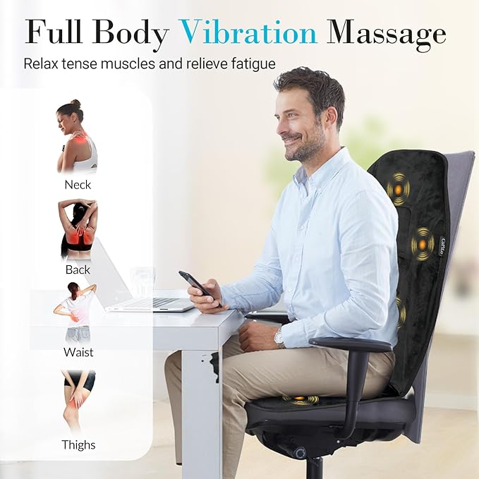 Chair Massager Cushion, Back Massager with Heat, Electric Seat Massage Pad, Back Massage Chair Pad for Back Pain Relief, 2 Heat Levels & 5 Vibrating Modes, Christmas Gifts for Men Dad Mom Him Her - Bloomnest