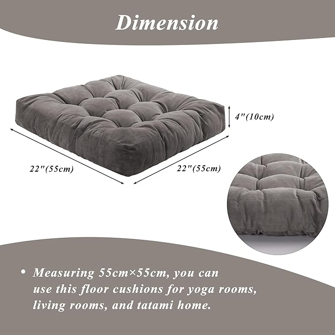 Meditation Floor Pillow 22×22 Inch 2 Pack Large Floor Cushions for Adults Square Tufted Corduroy Floor Pillows for Yoga Living Tatami Room Grey - Bloomnest