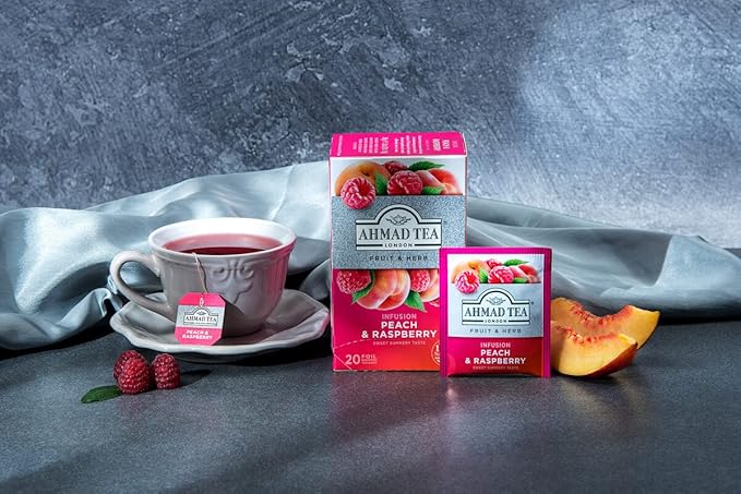 Ahmad Tea Infusions, Peach and Raspberry Teabags, 20 ct (Pack of 1) - Decaffeinated & Sugar-Free - Bloomnest