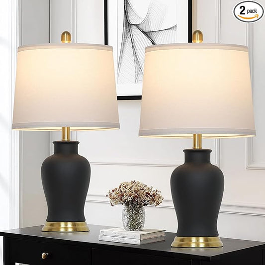 23" Modern Black Ceramic Table Lamps Set of 2, Farmhouse Table Lamps for Living Room, Classic Bedside Lamp with Ginger Jar Design, Elegant Bedroom Lamp for Night stand Desk Side End Table Home Decor - Bloomnest