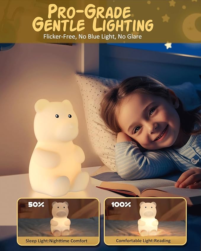 Night Light for Kids, Rechargeable Dimmable Silicone LED Nightlight with 7 Colors, Baby Nursery Night Lamp, Touch Squishy Lamp, Cute Gifts for Girls, Boys, Toddler Room Decor, Bear - Bloomnest