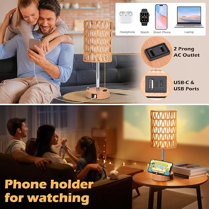 Rattan Table Lamps for Living Room, 3 Way Dimmable Touch Lamps, Small Bedside Lamps with LED Bulbs, Phone Stand, USB Ports and AC Outlet, Boho Nightstand Lamp for Bedroom Office (2 Pack Faux Wood) - Bloomnest