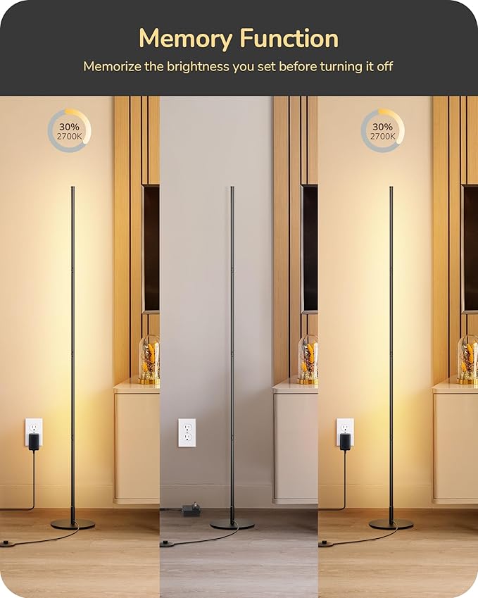 EDISHINE Corner Floor Lamp, Dimmable LED Light with Remote, 3 Color Temperature 3000K-4500K-6000K, 57.5" Modern Black LED Floor Lamp for Bedroom, Living Room, Office - Bloomnest