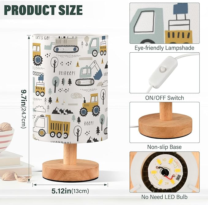 Bedside Table Lamp Light Table Lamp with Shade Cute Cars Truck Tractor Beep Yellow Lamp for Boys Home Office lampara - Bloomnest