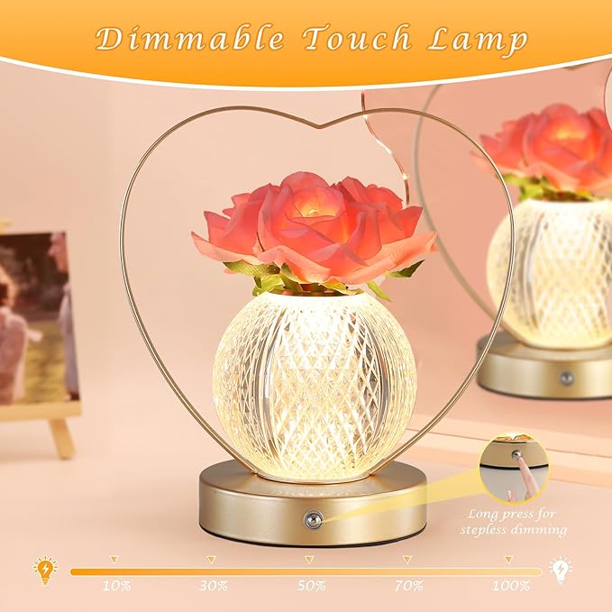 Roses Flower Touch Lamp,Rechargeable Cordless 3-Color Dimmable Small Night Light for Festival,Living Room,Dining Room,Bedroom Home Decor Birthday Gifts for Women - Bloomnest