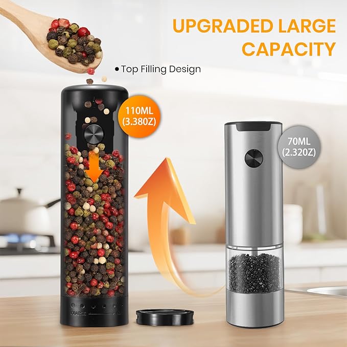 Rechargeable Salt Grinder Set Top-Refill Electric Grinders with Variable Grinding Speed, External Adjustable Coarseness, Black - Bloomnest