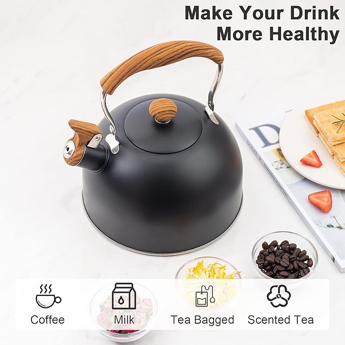 Whistling Tea Kettles with Wood Grain adjustment Nylon Handle, 2.3 Quart Capacity with Capsule Base Tea Kettle, Black - Bloomnest