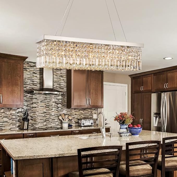 Saint Mossi 5-Lights K9 Crystal Chandelier for Dining Room, Rectangular Pendant Light Fixture for Kitchen Island, Raindrop Flush Mount Ceiling Light Fixture,H9 x W10 x L31, Chain Adjustable - Bloomnest