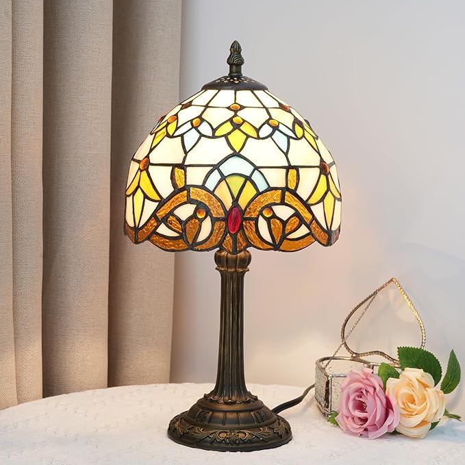 Tiffany Lamp Stained Glass lamp Small Bedside Table Lamps for Living Room Bedroom Dorm Kitchen Home Decor Festival Birthday Gift,Yellow Baroque - Bloomnest