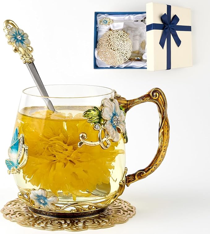 Flower Tea Cup ,Butterfly Daisy Clear Glass Fancy Coffee Mug with Spoon,Gift Box, Hot And Cold Drinks Use,For Her Mom Wife Grandma Girls Friends Valentines Christmas Birthday Present Idea for Juice - Bloomnest