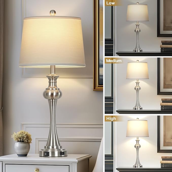 28.75" Silver Table Lamps for Living Room,Touch Lamps for Bedrooms Set of 2 - Nightstand Table Lamp with USB C+A, 3 Way Dimmable Bedside Lamps End Tables Brushed Nickel - Bloomnest