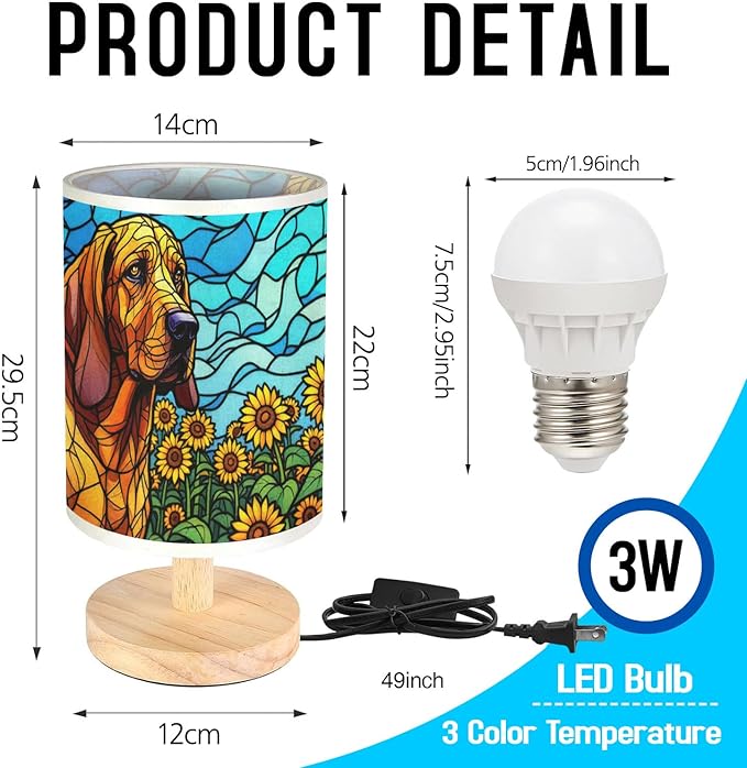 Bloodhound Table Lamp LED 3-Color Pressed Bedside, Dog Shade Lamp with Wood Base for Bedroom Living Room Desk Office - Bloomnest