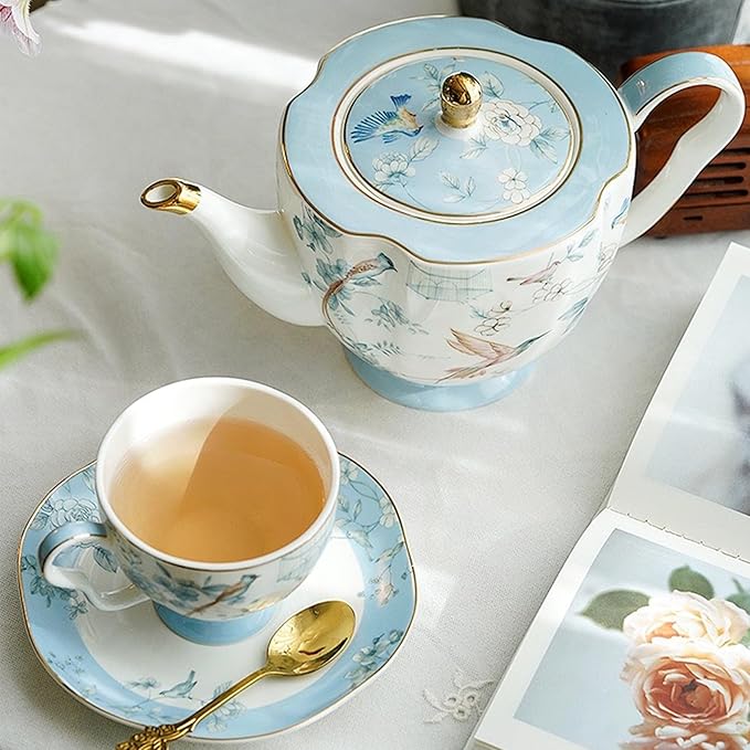 Bone China Tea Set, Porcelain Tea Sets for Adults, Blue and White Bone China Tea Cup Set for 6, Vintage Tea Sets for Women Tea Party - Bloomnest