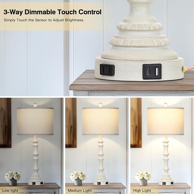 27.5" Tall Table Lamp for Living Room Set of 2, Vintage Farmhouse Table Lamps with USB C+A Ports, 3-Way Dimmable Touch Bedside Lamps, Tradition Bedroom Lamps for Nightstand Side End Table Desk, White - Bloomnest