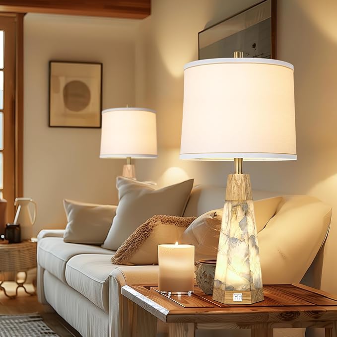 27" Natural Alabaster And Real Wood Table Lamp Set of 2 With Night Light Nightstand Lamps With USB Ports White Linen Fabric Shade Bedside Lamp Decor For Living Room Bedroom Home Office Hotel Bar House - Bloomnest