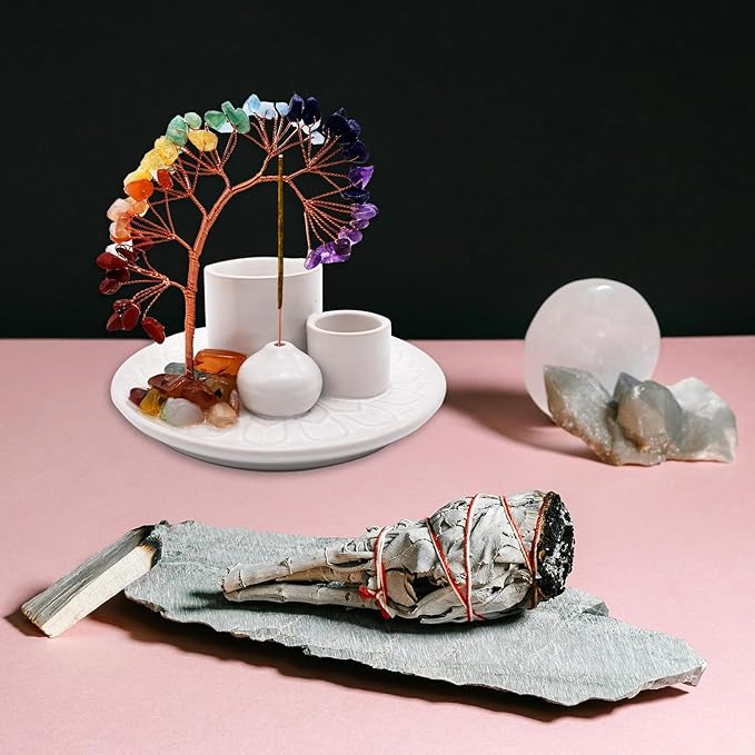 5 in 1 Incense Burner Holder with Crystal Healing Tree, Palo Santo Holder, Sage Holder, Incense Holder for Sticks/Cones/Candles, Ceramic Tray Ash Catcher for Burning Incense, Meditation Gift (White) - Bloomnest
