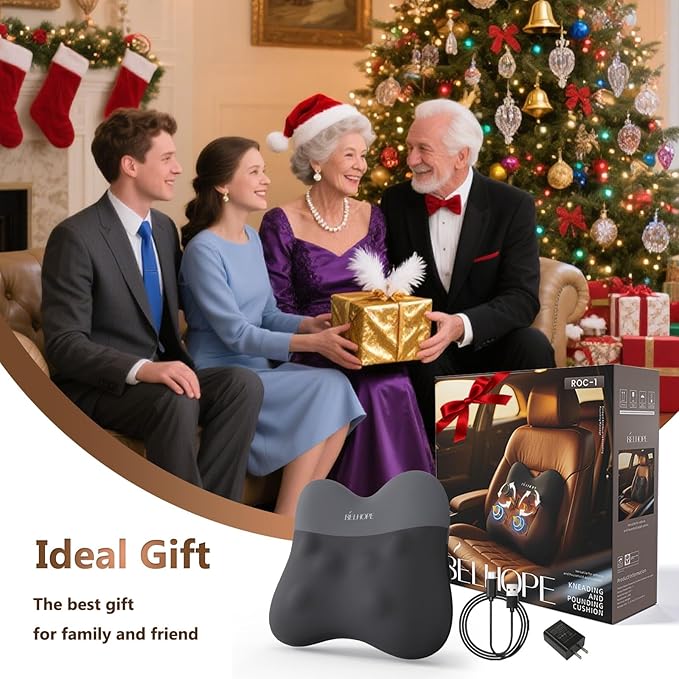 belhope Shiatsu Back Massager with Heat,Percussion Massage Cordless Back Massage for Pain Relief Deep Tissue.4D Kneading Massage,Gift for Men Women Parents Relaxation at Christmas Office Car,Grey