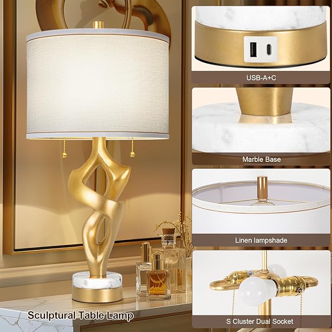 Scenekoy Sculptural Table lamp Set of 2 for Living Room with Marble Base & USB Ports, Gold Leaf Finish Rustic Bedside Lamps with S Cluster Pull Chains Switch, Nightstand Lamp for Office Hotel Bar - Bloomnest