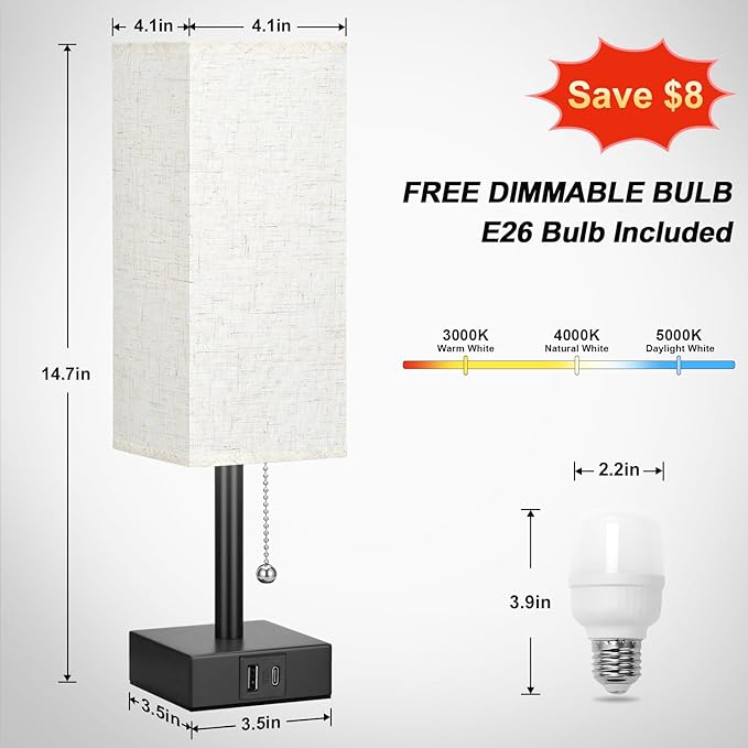 Bedside Table Lamp with 3 Color Temperatures - 3000/4000/5000K Small Lamp with USB C+A Ports, Nightstand Lamp with 3 Color Modes by Pull Chain, Bedroom Lamp for Living Read Work(LED Bulb Included) - Bloomnest
