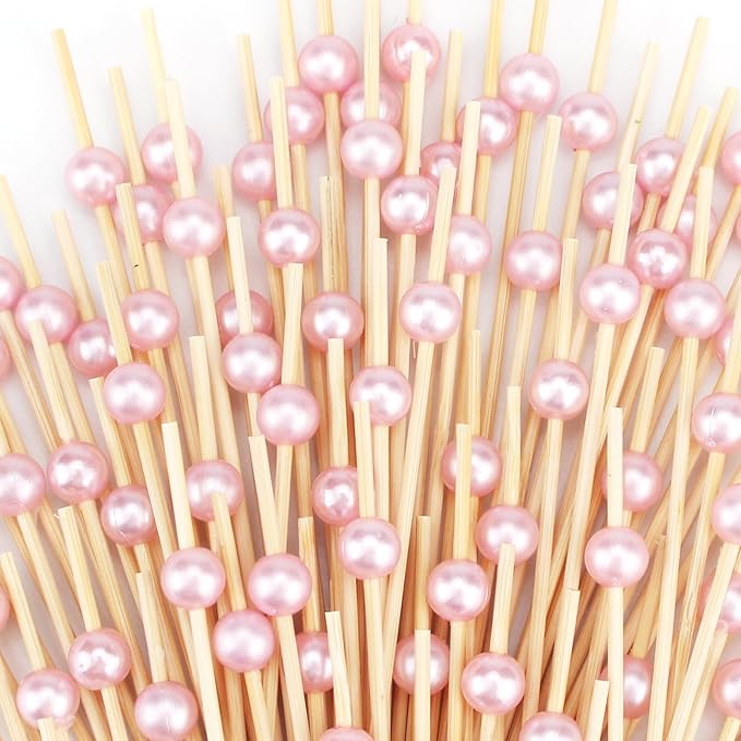 200 PCS Pink Cocktail Toothpicks for Appetizers, Natural Bamboo Coctail Skewers Sticks, Pearl Decorative Cocktail Tooth Picks for Drinks, Fruit, Charcuterie, Wedding Food Party Fancy 4.7 Inch Long - Bloomnest