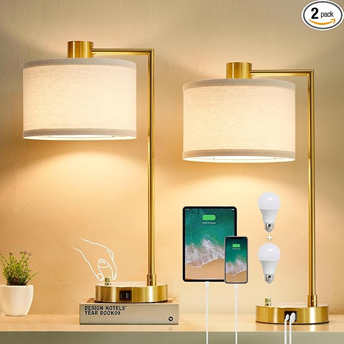 Luvkczc Table Lamp for Bedroom Set of 2 with USB C+A Ports, Fully Stepless Dimmable Bedside Lamp with Linen Lampshade, Nightstand Lamp for Living Room Reading Office, 2 LED Bulbs Included (Gold) - Bloomnest