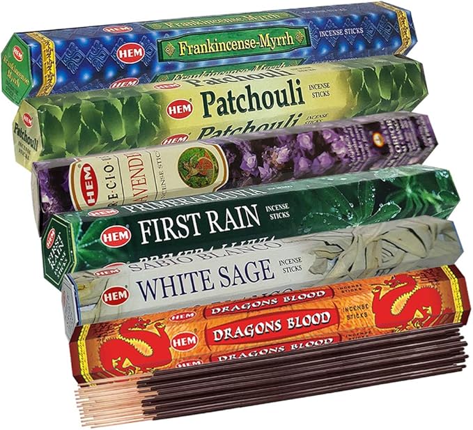 Hem Incense Sticks Variety Pack #23-120 Insence-Sticks (6 Incents x 20 Insense) + Incense Stick Holder with 6 Most Liked Scents Including Patchouli Dragons Blood White Sage Frankincense-Myrrh - Bloomnest