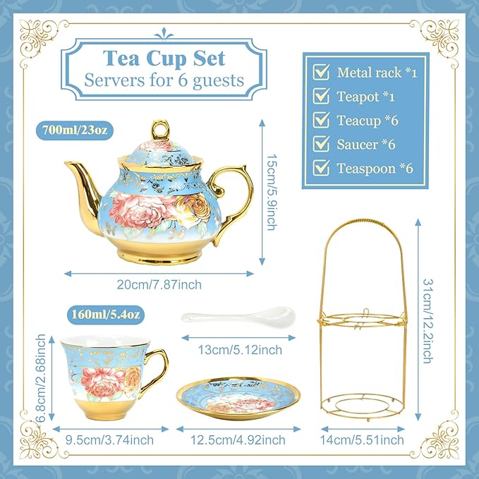 20 Pcs Porcelain Tea Set with Metal Holder, Adult Tea Set Gift, European Ceramic Tea Set for Adults, Flower Tea Cup Saucer Set for Party With Gold Flower Painting (Serene Blue) - Bloomnest