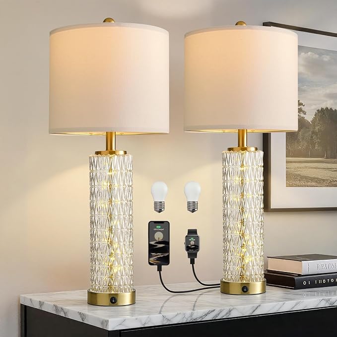 Oneach 27.75” Table Lamps Set of 2, Gold Modern Bedside Lamp with LED Night Light, USB A+C, Glass Lamps for Living Room, Bedroom, Nightstand, Office, End Table (2 Bulbs Included) - Bloomnest