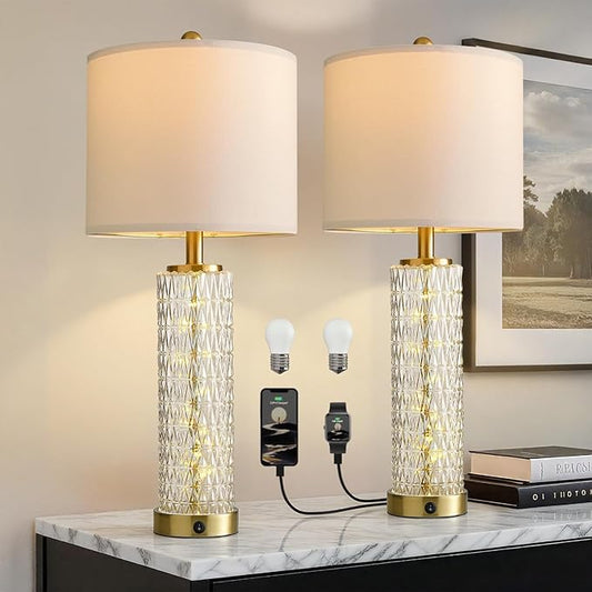 Oneach 27.75” Table Lamps Set of 2, Gold Modern Bedside Lamp with LED Night Light, USB A+C, Glass Lamps for Living Room, Bedroom, Nightstand, Office, End Table (2 Bulbs Included) - Bloomnest
