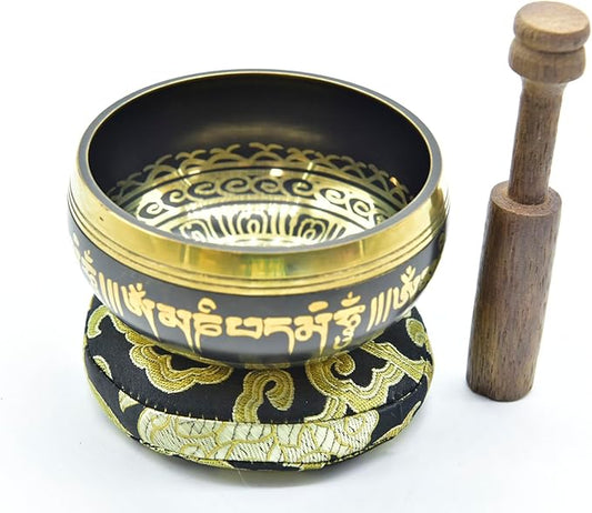 3.75" Tibetan Meditation Yoga Singing Bowl Green Set with free Wooden Mallet and Silk Cushion from Nepal, Singing bowls. (Black) - Bloomnest