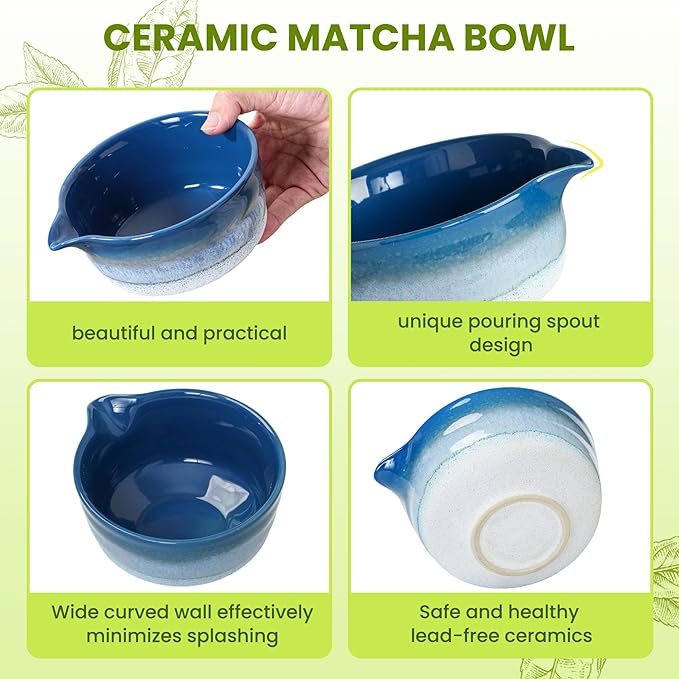 Matcha Whisk Set, Ceramic Matcha Set, Matcha Bowl, Matcha Whisk and Holder, Bamboo Scoop, Scoop Rest, Sifter and Tea Towel - 7 Pcs Matcha Kit for Lovers Family Birthday Gift (Blue) - Bloomnest