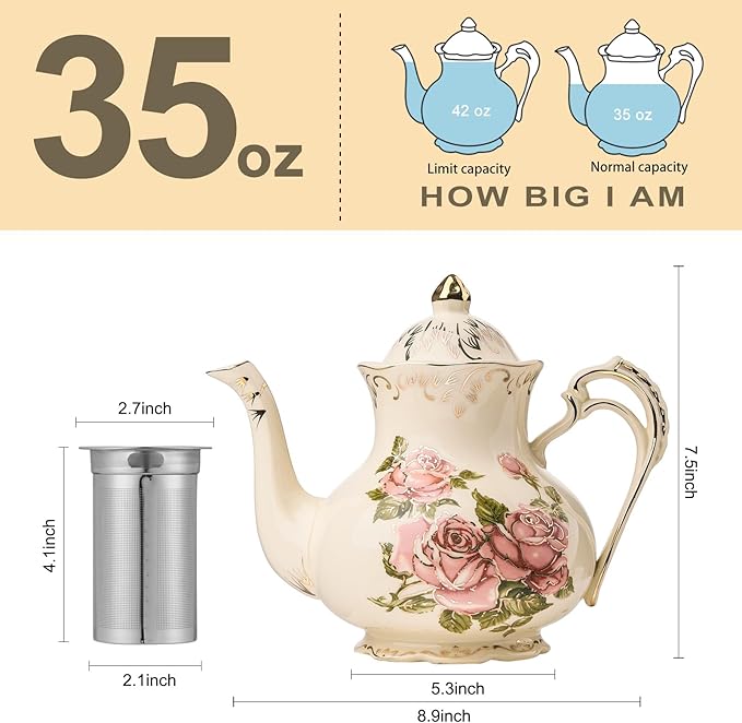 YOLIFE Iovry Rose Teapot, 35oz/ 4 Cup Ceramic Tea Pot with Infuser for Loose Leaf Tea, Vintage Floral Teapot and Gold Trim - Bloomnest