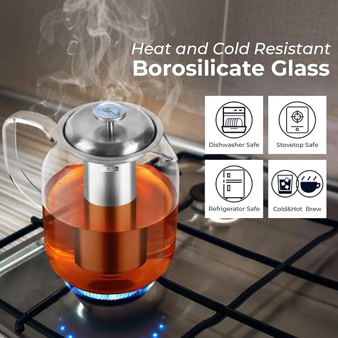 Aquach 68oz Glass Teapot with Built-in Thermometer, Stovetop & Dishwasher Safe, Borosilicate Carafe and Stainless Steel Removable Infuser - Bloomnest