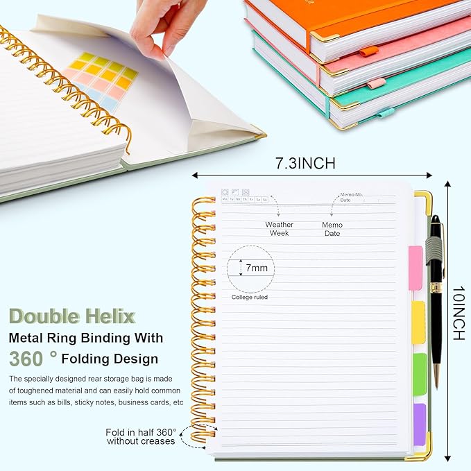 Hardcover Spiral Notebook 8"x10" Journal Notebook with Tabs and Removable Dividers 300 Pages 5 Subject Notebook College Ruled, Faux Leather Spiral Bound Notebook for Women School Work (Sage Green) - Bloomnest