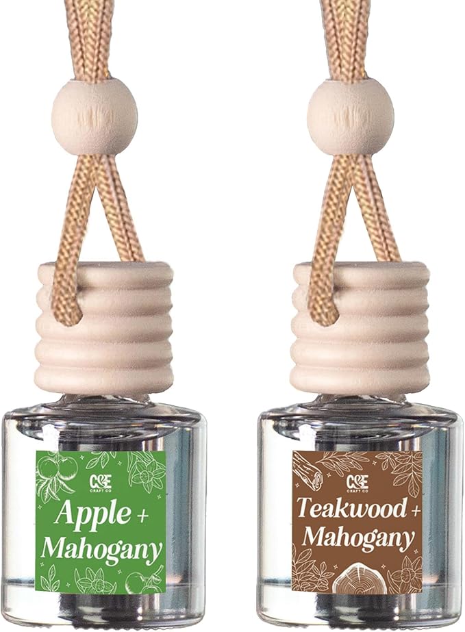 C&E Craft Co Hanging Car Air Freshener Diffuser 2 Pack, Long Lasting Fragrance Oil Car Freshener, Glass Bottle Auto Air Freshener, Made in USA (Apple & Mahogany + Teakwood & Mahogany) - Bloomnest