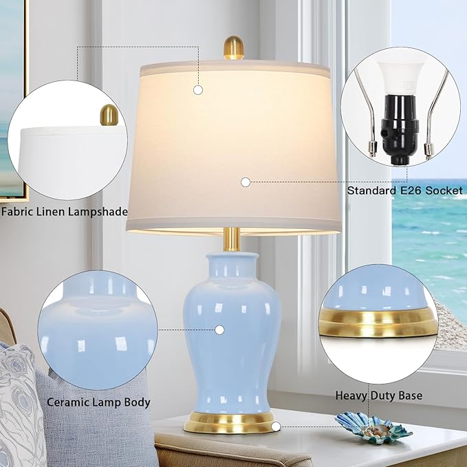 Blue Ceramic Table Lamps Set of 2, 23" Coastal Ceramic Lamps with Ginger Jar Design, Modern Bedside Lamp for Living Room End Table, Elegant Bedroom Lamp for Nightstand Desk Side Home Decor - Bloomnest
