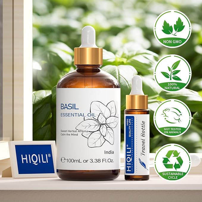 HIQILI Basil Essential Oil, 100% Pure & Natural, Diffuser in Bedroom, Yoga, Mediation for Calming Relaxation Mood, Hair Growth, Body Massage, DIY Sweet Herbal Scented Soap Gifts- 100ML - Bloomnest
