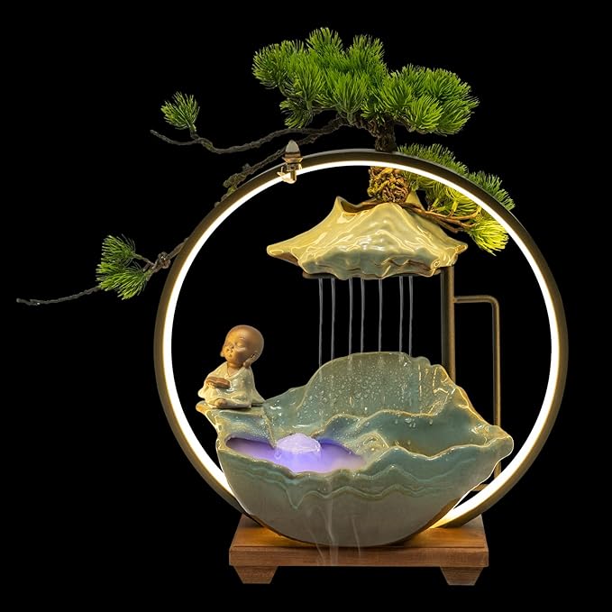 Tabletop Water Fountain, Indoor Waterfall with Round LED Light Ceramic Meditation Monk, Mist Maker and Incense Holder for Home Office Decor - Bloomnest