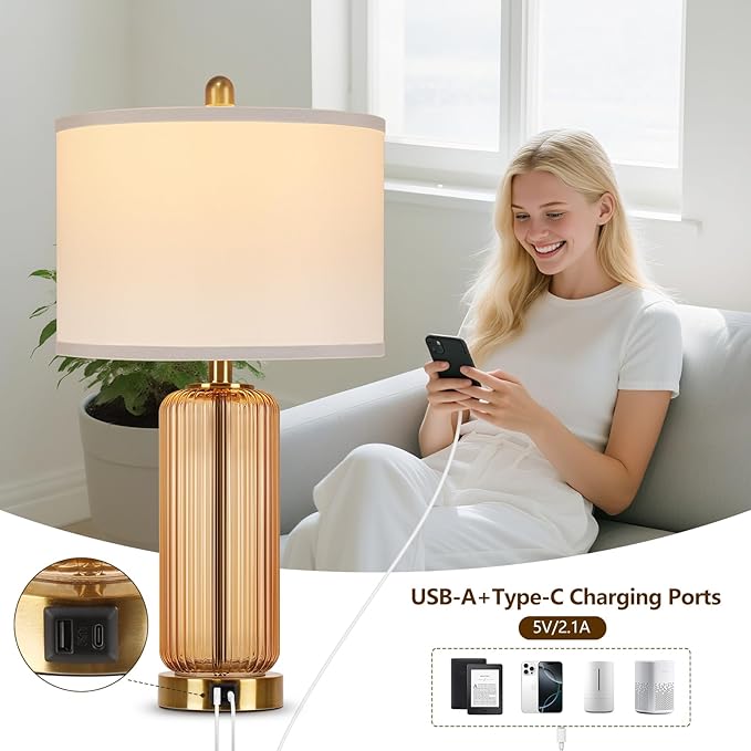 Table Lamps Set of 2 with Touch Control, 3-Way Dimmable Nightstand Lamp with Vertical Grained Glass, Bedside Table Lamps, 27" Modern Glass Bedside Lamps with USB A+C Ports, Brown Desk Lamp for Bedroom - Bloomnest