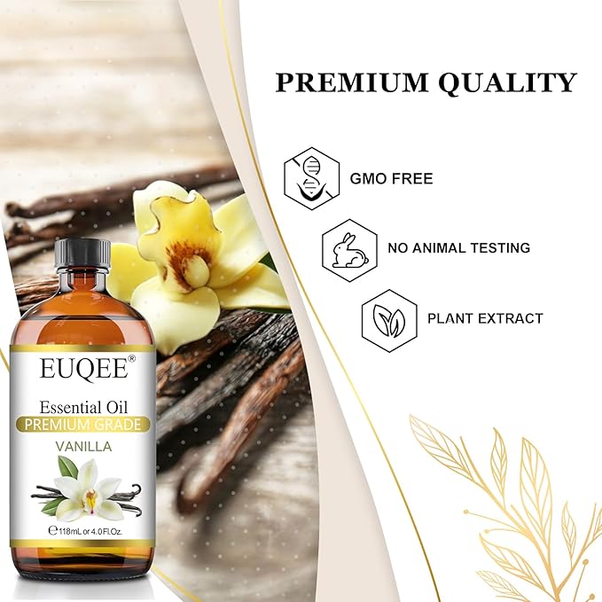 EUQEE Vanilla Essential Oil 118 ml Premium Vanilla Oil with Glass Dropper, Great for Diffusers, Aromatherapy, Candle Making, DIY Soap - 4Fl.Oz - Bloomnest
