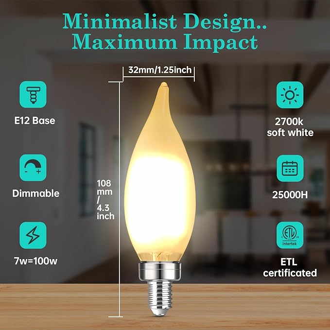 E12 100W Equivalent Frosted LED Candelabra Bulb CA10, Dimmable Small Base for Chandeliers, Ideal for Living Rooms, Dining Areas, and Hallways, Energy-Efficient for Cozy Indoor Lighting - Bloomnest