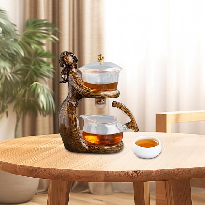 Magnetic Teapot Tea Pot Set Tea Maker Semi Automatic Kungfu Glass Tea Set Tea Infuser Pot for Holiday Gifts Father's Day Home, Brown, 15.5cmx10.5cmx24cm