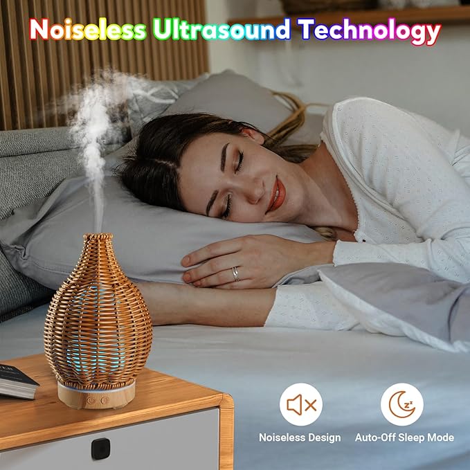 Boho Essential Oil Diffuser for Home Rattan Weaving with Remote Control, 100mL 7 Changing Color Lights Ultrasonic Aroma Humidifier, Noiseless Auto-Off Sleep Mode for Bedroom Office Workout - Bloomnest