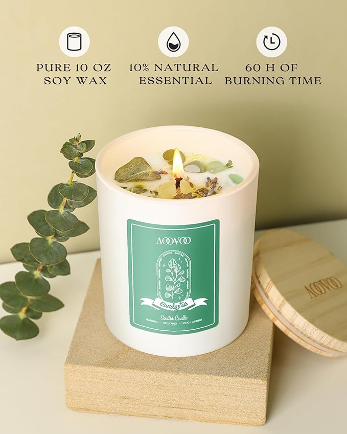 AOOVOO Eucalyptus Mint Scented Candles for Women - Aromatherapy Candle with Crystals Inside, 10oz Soy Candles for Home Scented, Birthday Gifts Christmas Candle for Women Mom - Bloomnest