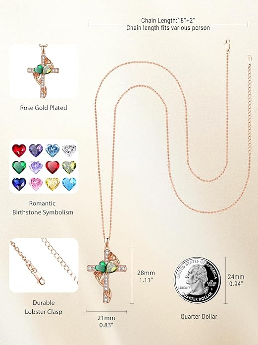Rose Gold Dual Birthstones Cross Necklace for Women Rose Flower Jewelry Anniversary Christmas Mother's Valentine's Day Birthday Gift for Wife Girlfriend Mom - Bloomnest