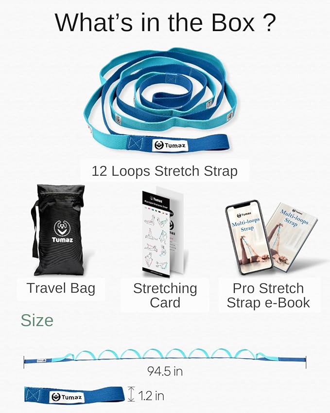 Tumaz Stretching Strap - 10 Loops & Non-Elastic Yoga Strap - The Perfect Home Workout Stretch Strap for Physical Therapy, Yoga, Pilates, Flexibility - [Extra Thick, Durable, Soft] - Bloomnest